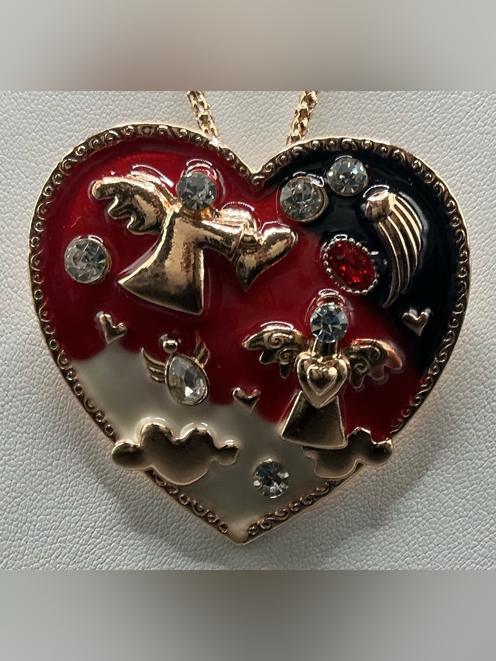 Rose Gold Heart Pendant Necklace with Red and Black Enamel